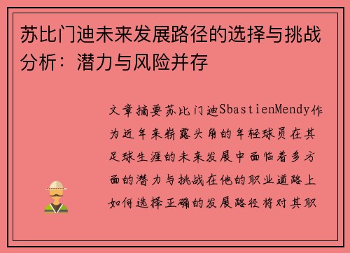 苏比门迪未来发展路径的选择与挑战分析：潜力与风险并存
